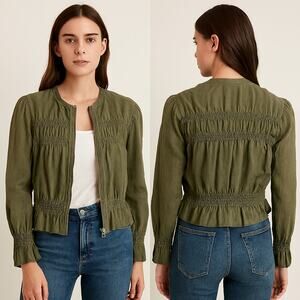 Frame Smocked Linen Jacket Long Sleeve Zip Olive Army Green Sz Sml Stretchy Boho